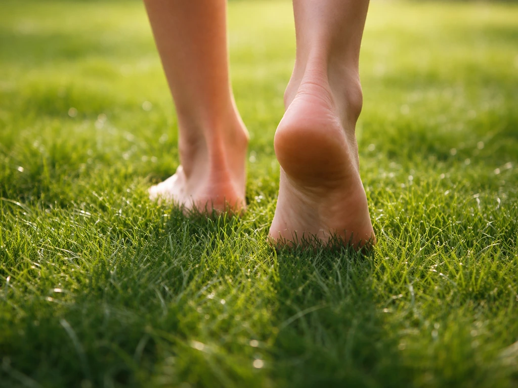 Blote voeten in een groen dicht gazon, close-up van grasdetail en warm daglicht voor een veilig gevoel.