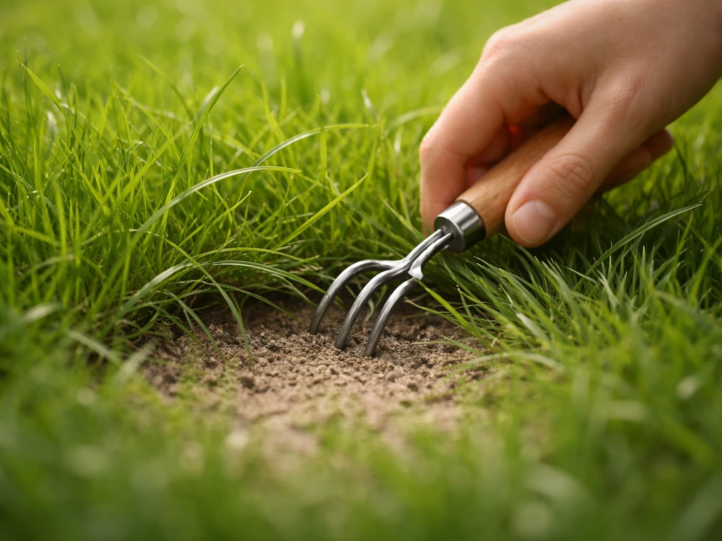Close-up van een hand die grassprieten op licht, egale bodem tussen het gras losmaakt