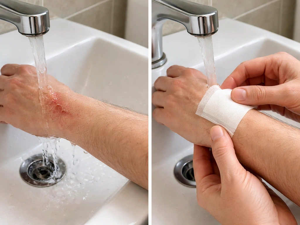 Hand die een schaafwond spoelt met lauw kraanwater en daarna afdekt met schoon niet-klevend verband