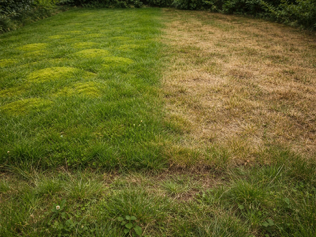 Minimalistische foto’s van een gazon: mosplekken, geel/bruin gras en laaggroei in één beeld
