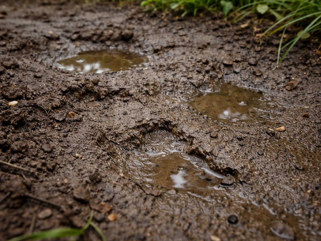 Close-up van verdichte tuinbodem met plakkerige toplaag en water dat niet wegzakt