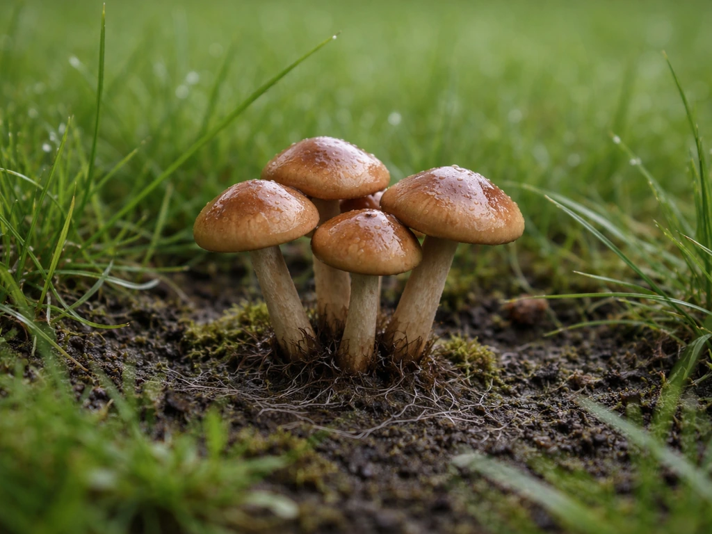 Bruine paddenstoelen tussen het gras, met subtiele schimmeldraden zichtbaar op vochtige grond