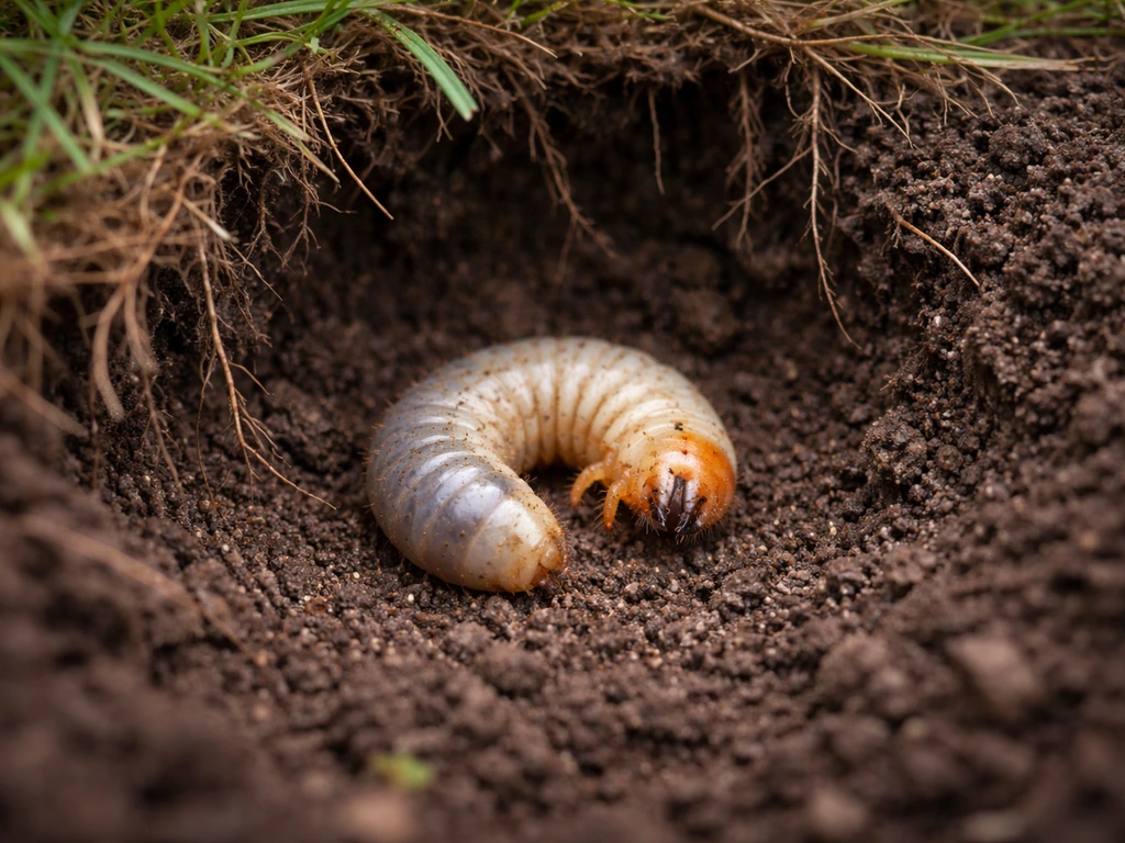 Close-up van een larve in donkere tuinaarde met zichtbare grasworteltjes in een uitgegraven kuil.
