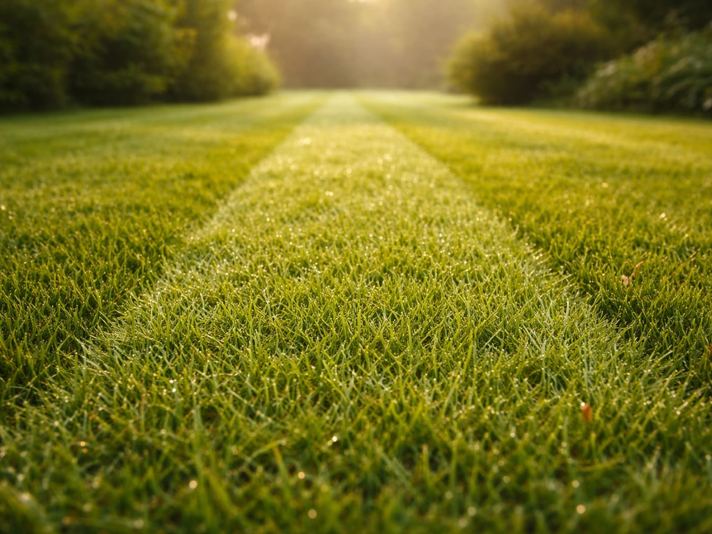 Warm, licht en vochtig: versgemaaid gras met zichtbare maaipaden en dauwdruppels in zacht zonlicht.