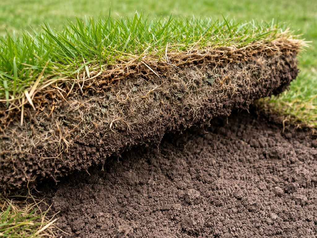 Close-up van een graszode met dikke viltlaag eronder, zichtbaar mos en maairesten tussen graswortels