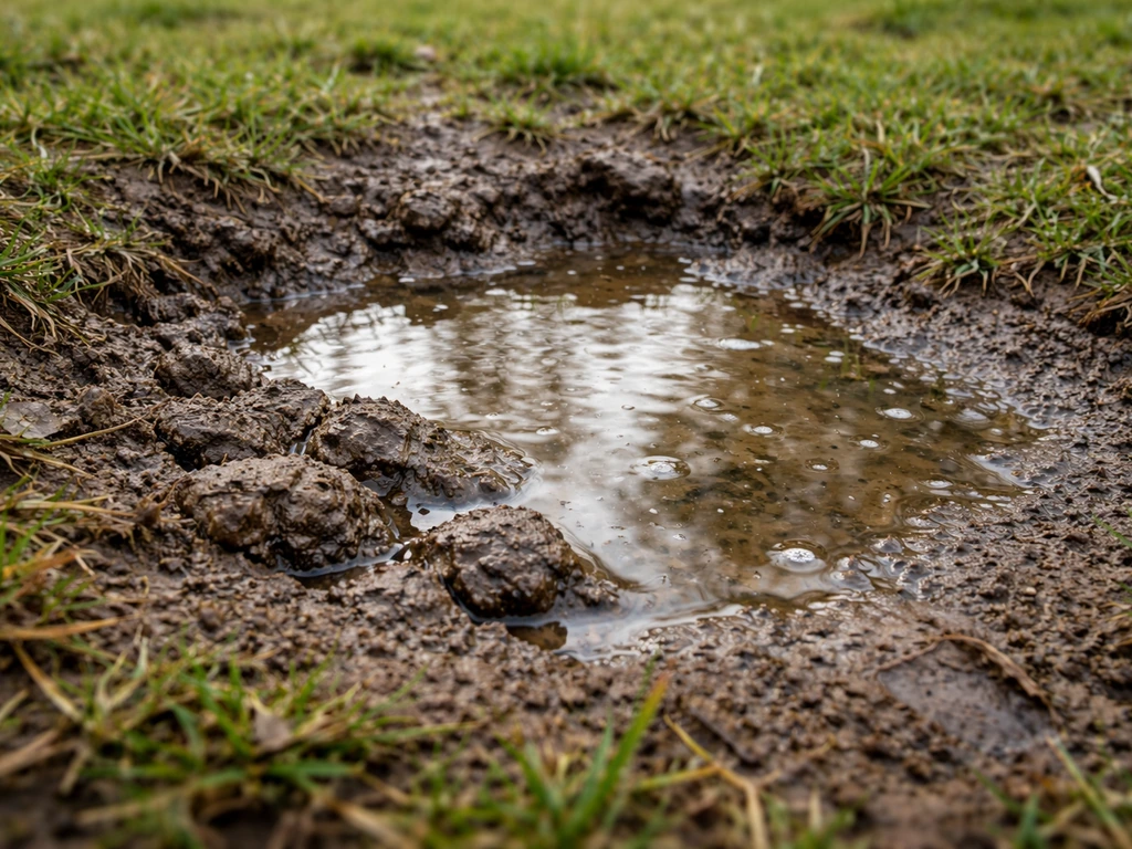 Natte, verdichte grasbodem met een ondiepe plas en zichtbaar water dat langzaam wegtrekt.