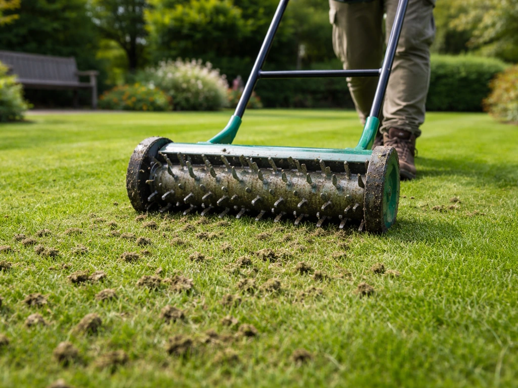 Iemand belucht het gazon met een prikrol/beluchter die holtes in het gras maakt.