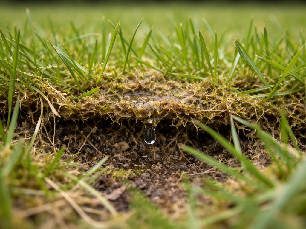 Close-up van nat gras met een viltlaag en mos, waar water op blijft liggen en zuurstof beperkt.