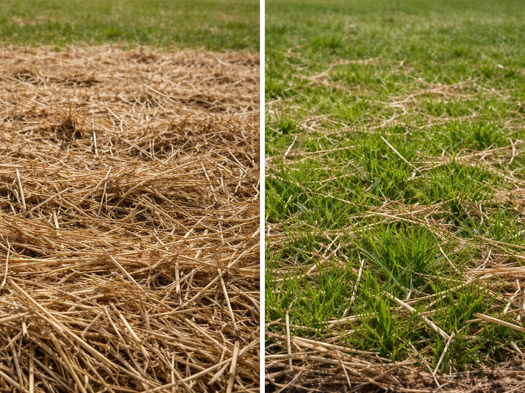 Links verstikkende strolaag op gazon, rechts dunne laag met zichtbaar gezond gras.