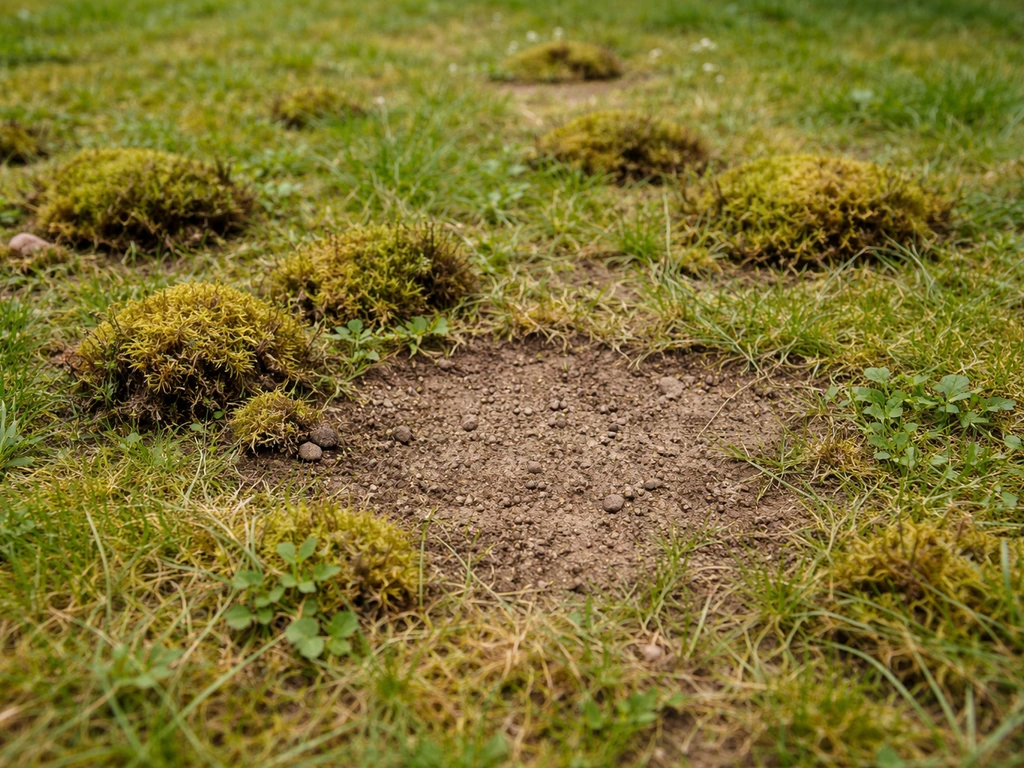 Close-up van een gazon met mos, kale plekken en onkruid, met een klein stukje verdichte bodem zichtbaar.