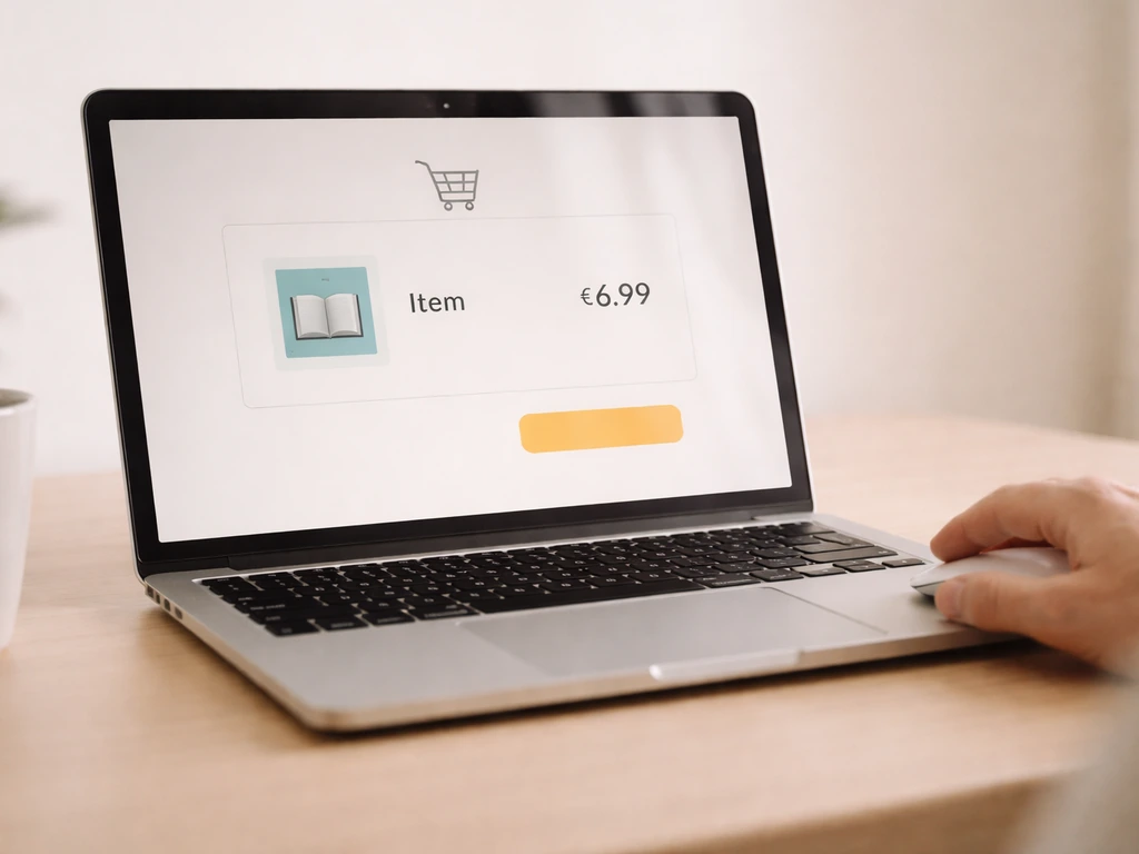 Close-up van een laptopwinkelmand met geselecteerd e-book en prijsindicatie €6,99.