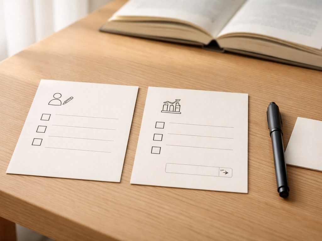 Minimalistische bureau-opname met checklistkaarten en een leeg invulvakje voor ISBN, zonder tekst.