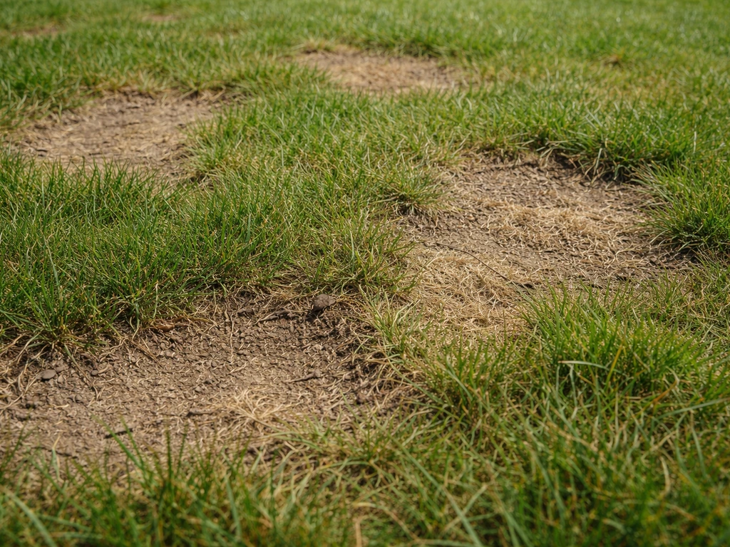 Close-up van een gazon met bruine en kale plekken en uitgedund gras, met zichtbare textuur in de bodem.
