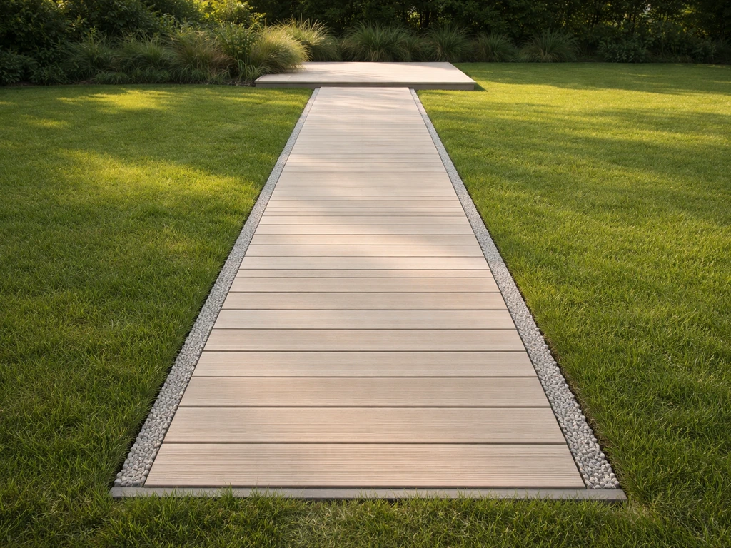 Groen gazon met houten vlonderpad en klein terrasdeel, met duidelijke rand en afwatering.