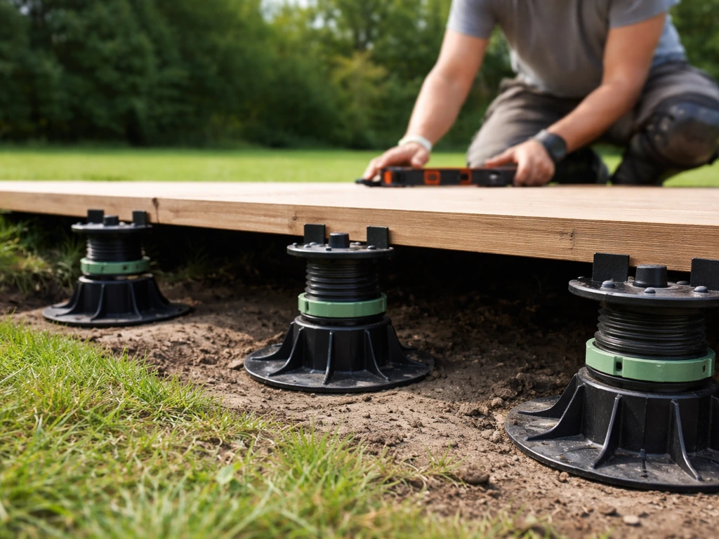 Houten vlonder op verstelbare balkdragers met verschillende hoogtestanden op een ongelijk gazon.