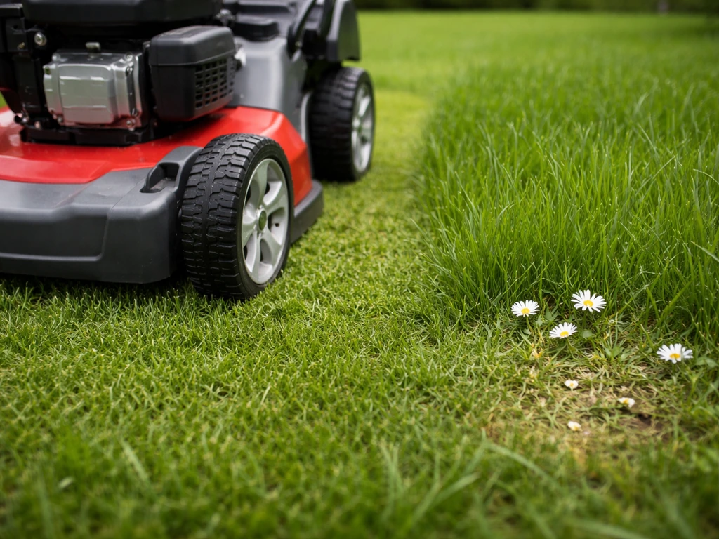 Grasmaaier met juiste maaistand en vers, langer gras rond een plek met madeliefjes