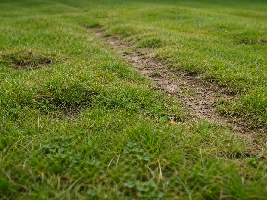 Close-up van een gazon met zichtbare golfjes, bulten en ongelijkmatige groei.