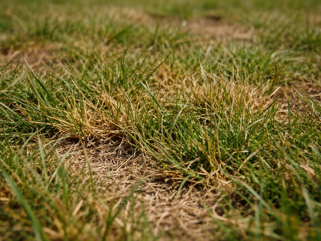 Uitgedroogd gazon met krullend gras en lichtbruine randen op een zonnige dag
