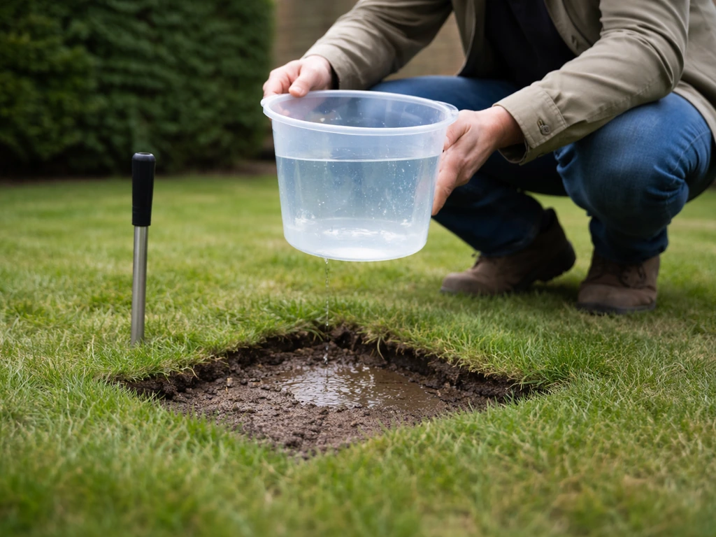 Tuinier met emmer water en handsonde die vocht in grasbodem controleert, vlakke locatie-opname