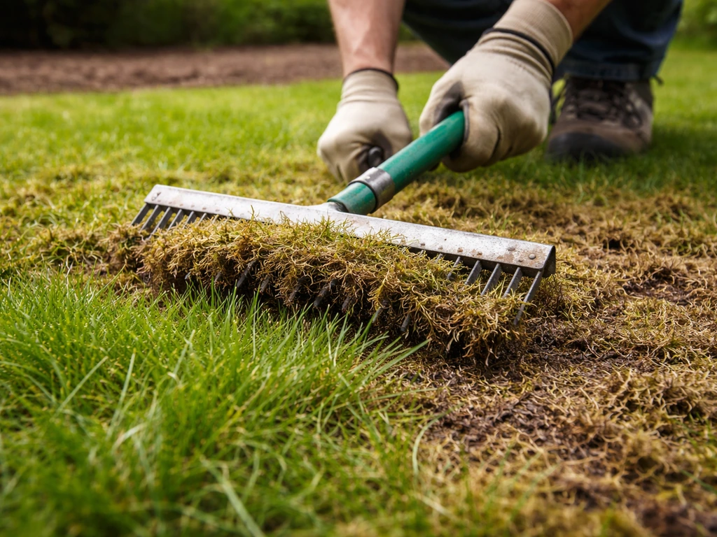 Tuinier aan een gazon met hark en een zichtbare viltlaag die wordt verwijderd, daarna hergroei van gras