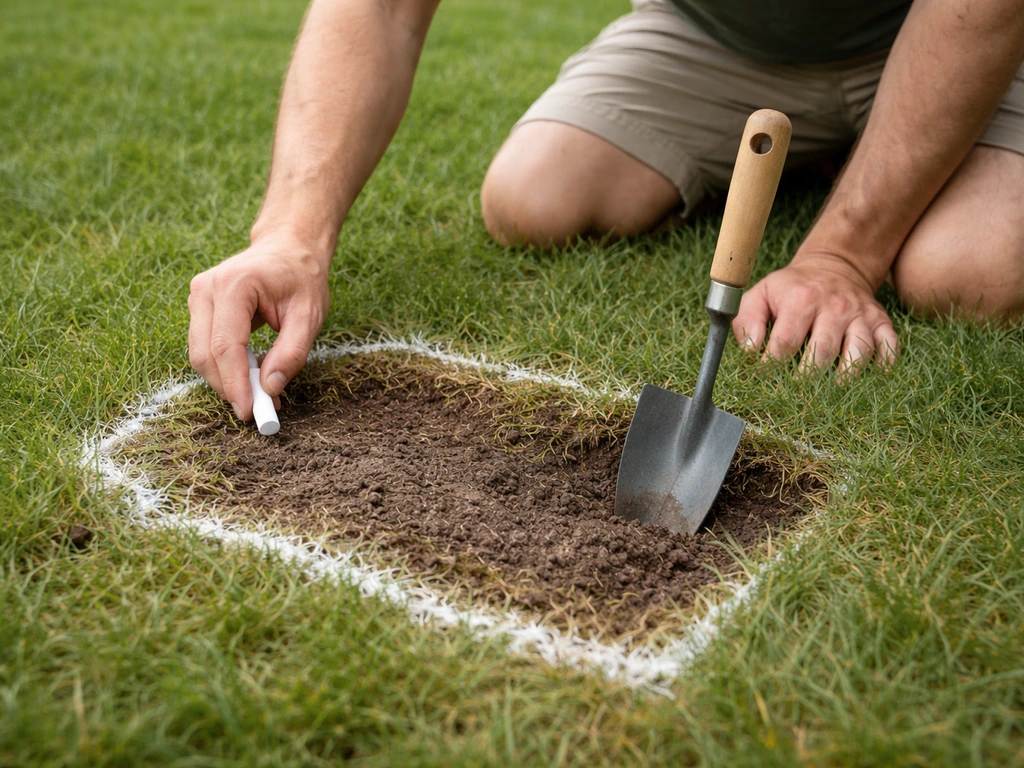 Tuinier markeert een beschadigde grasplek met sproeikrijt en controleert de randen met een schopje