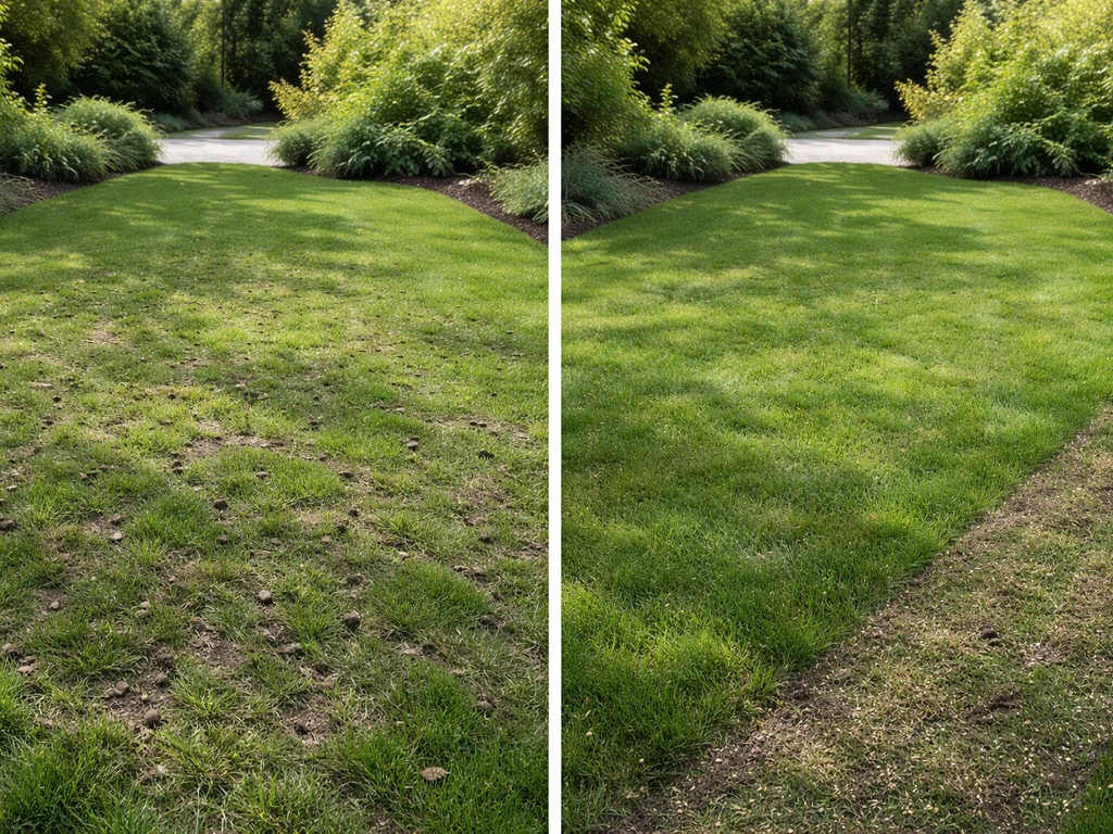Tuin met gras dat net is belucht, bedekt met topdressing en daarna ingezaaid of aangezoden