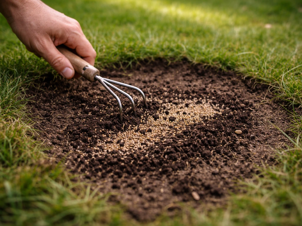 Hand die kale plek in het gazon licht losmaakt en nieuw graszaad strooit voor herstel.