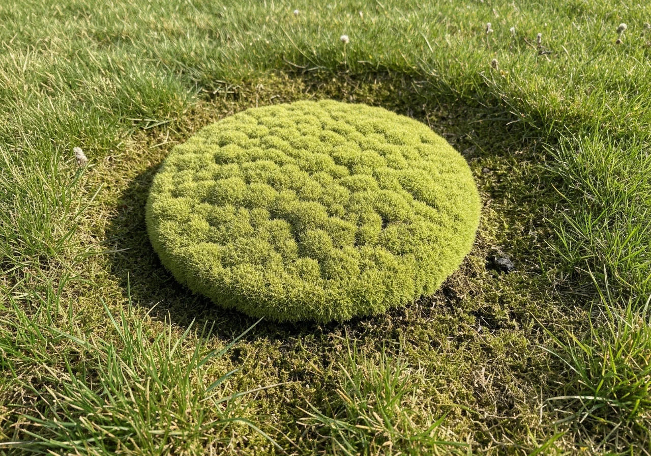 Close-up van een gazonmosplek met donkergroene, compacte mosstructuur in een afgebakend gebied.