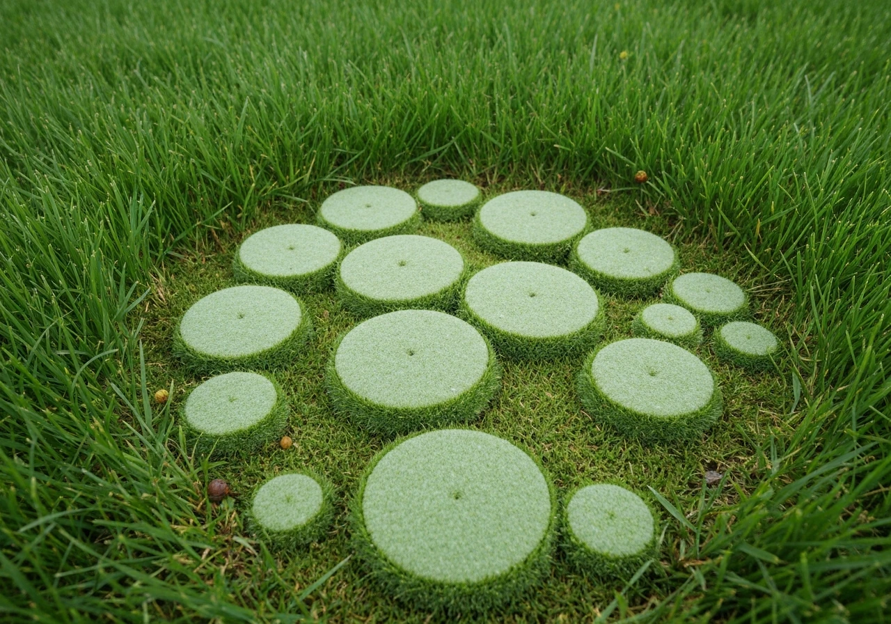 Minimalistische gazonfoto met zichtbare schimmelplek en kleine paddenstoelen rond natte plekken