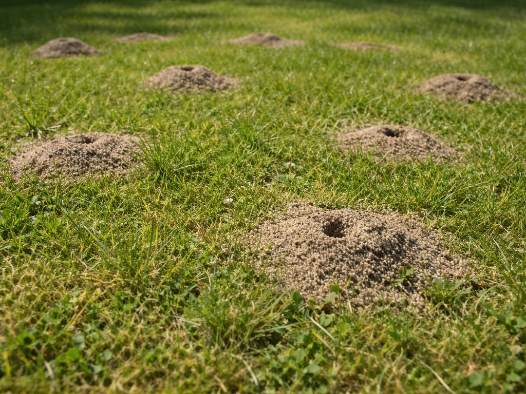 Verspreide miershoopjes in het gazon met fijn zand tussen het gras, duidelijk schadepatroon.