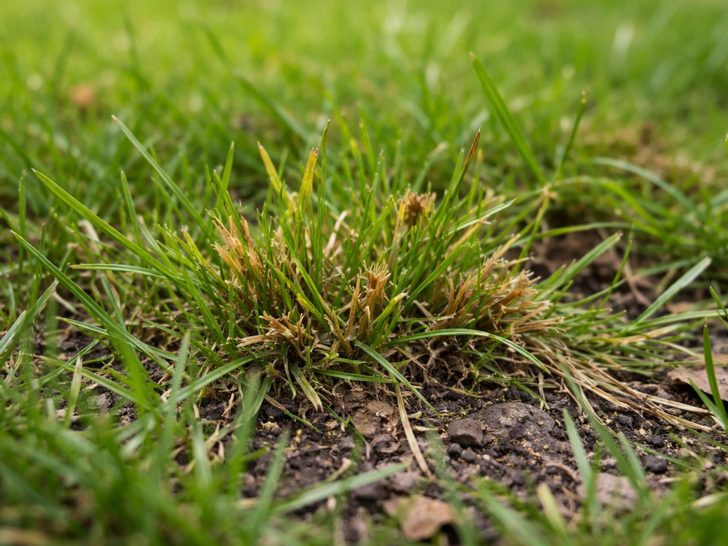 Nabij graspolletjes met rafelige, uitgedunde sprieten en duidelijke plekjes als teken van insectenschade.