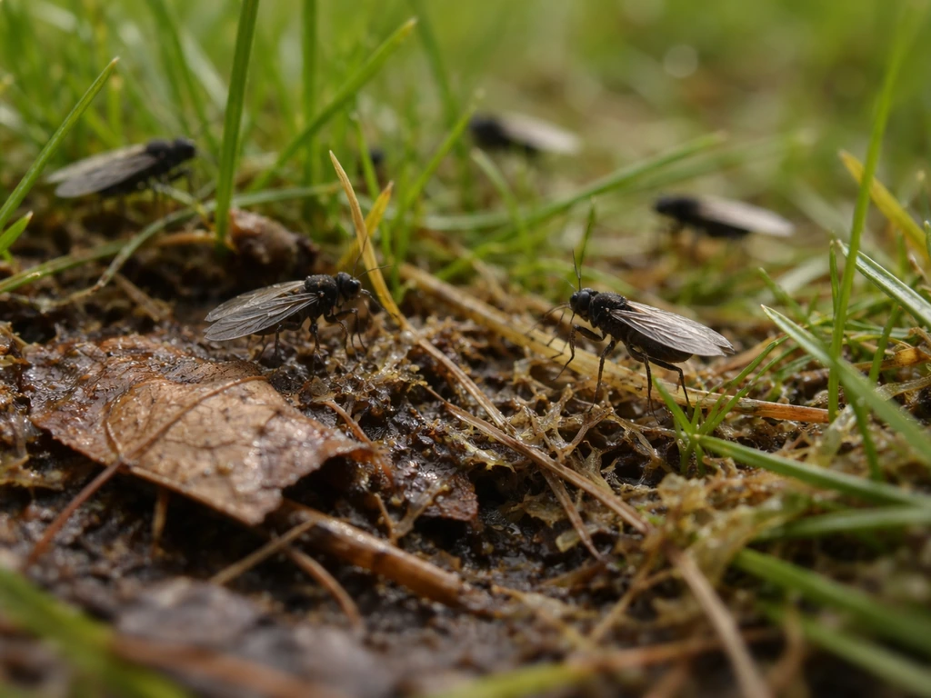Close-up van rouwvliegen op nat gras bij rottende organische resten in een Nederlandse tuin.