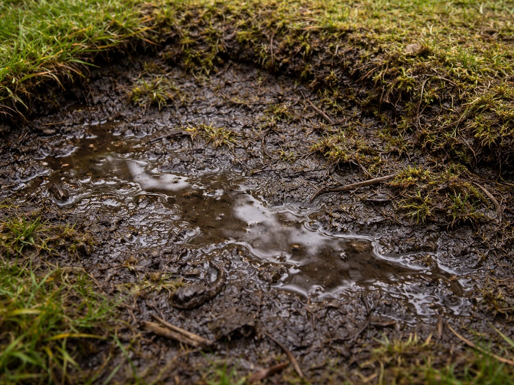 Natte, slecht drainerende plek bij gras met viltachtige laag en vochtige grond zichtbaar.