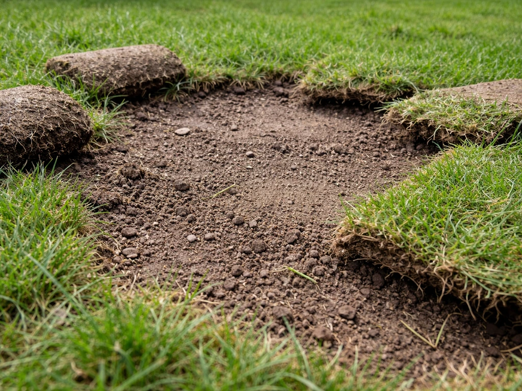 Kale plekken in een gazon met blootliggende grond en losliggende grasplukken.