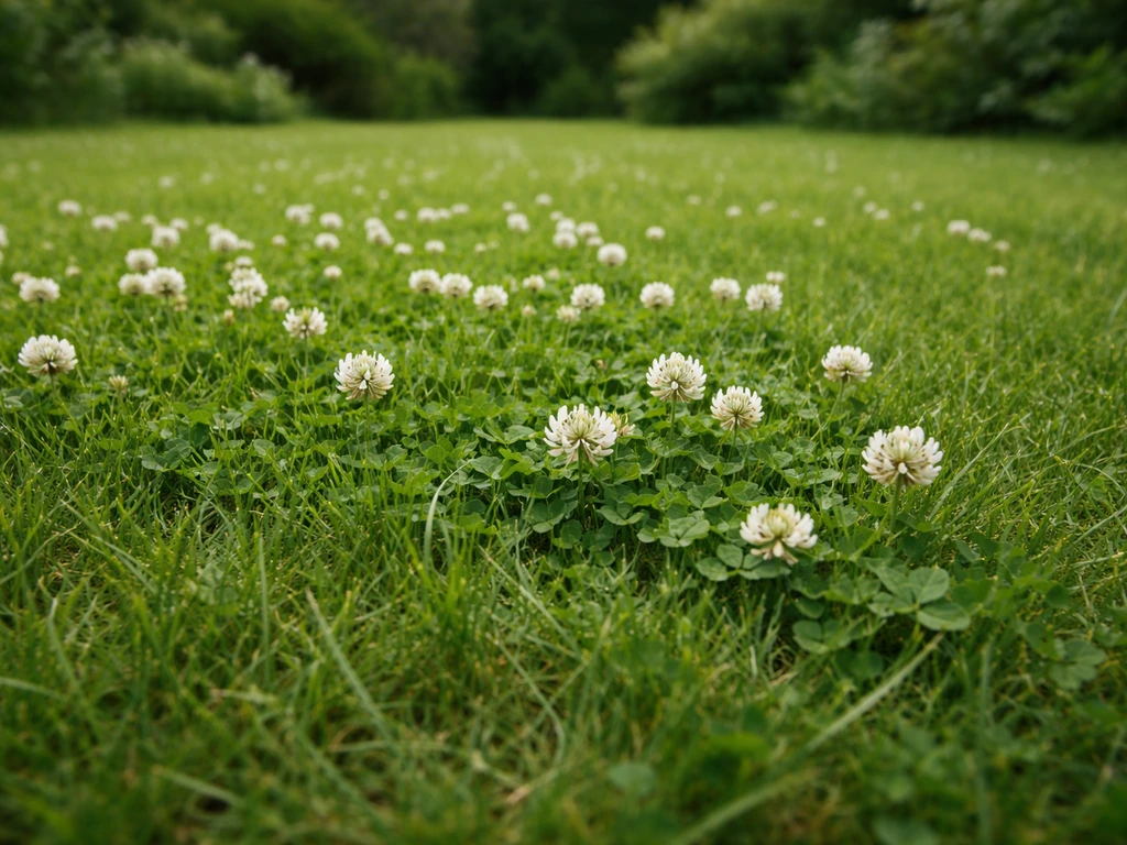 Gazon met witte klaverbloemen die duidelijk tussen dicht groen gras zichtbaar zijn.