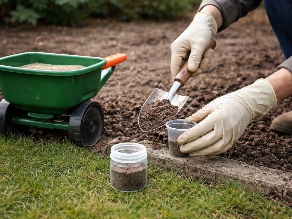 Handen met handschoenen die bodem in testbeker doen bij handstrooier en grasrand in de tuin