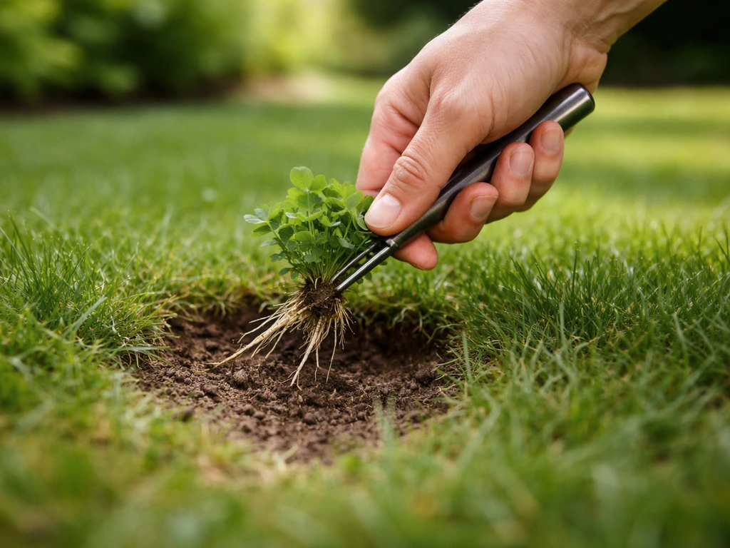 Hand die klaver met een onkruidsteker uisteekt; wortels en intact gras rondom in een tuin.
