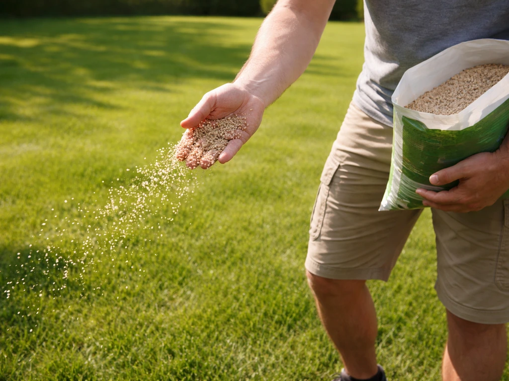 Hand strooit gazonmest met een groene, egale grasmat op de achtergrond