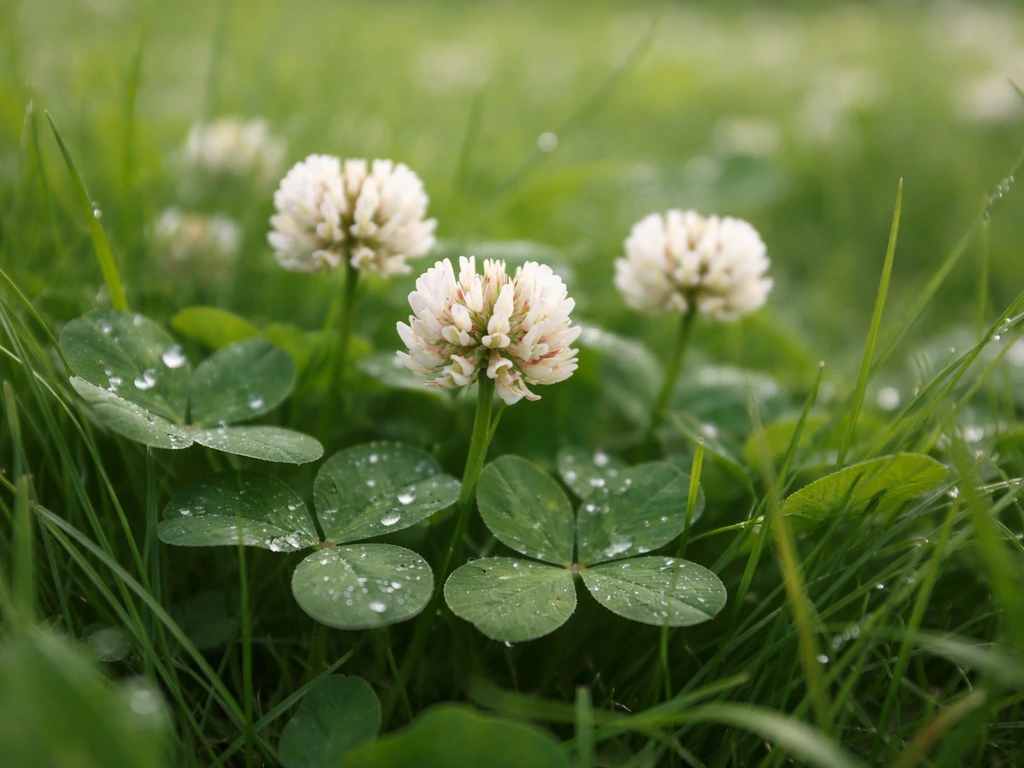 Close-up van witte klaverbloemen tussen groen gras, met dauw en zacht onscherpe achtergrond.