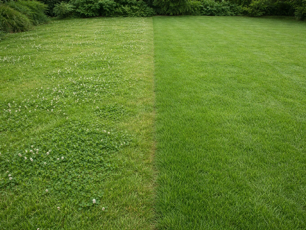 Twee naast elkaar liggende gazonstroken: klaverplekken versus een dichte, klavervrije zone in een voortuin.