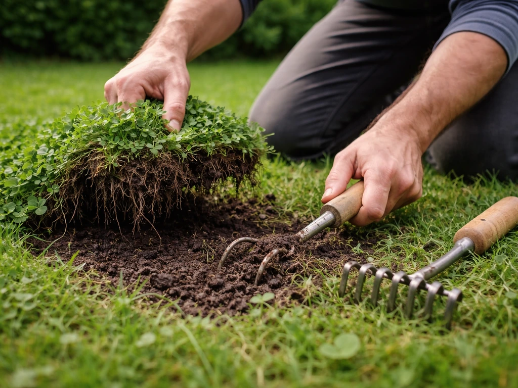 Tuinier die met een onkruidsteker een klavermat losmaakt en uittrekt in een gazon, met zichtbare wortels.