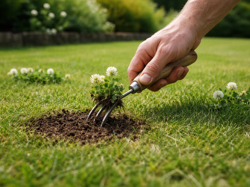 Hand prikt klaver uit een paar plekken in het gazon, met opengewerkte grond en kort gras.