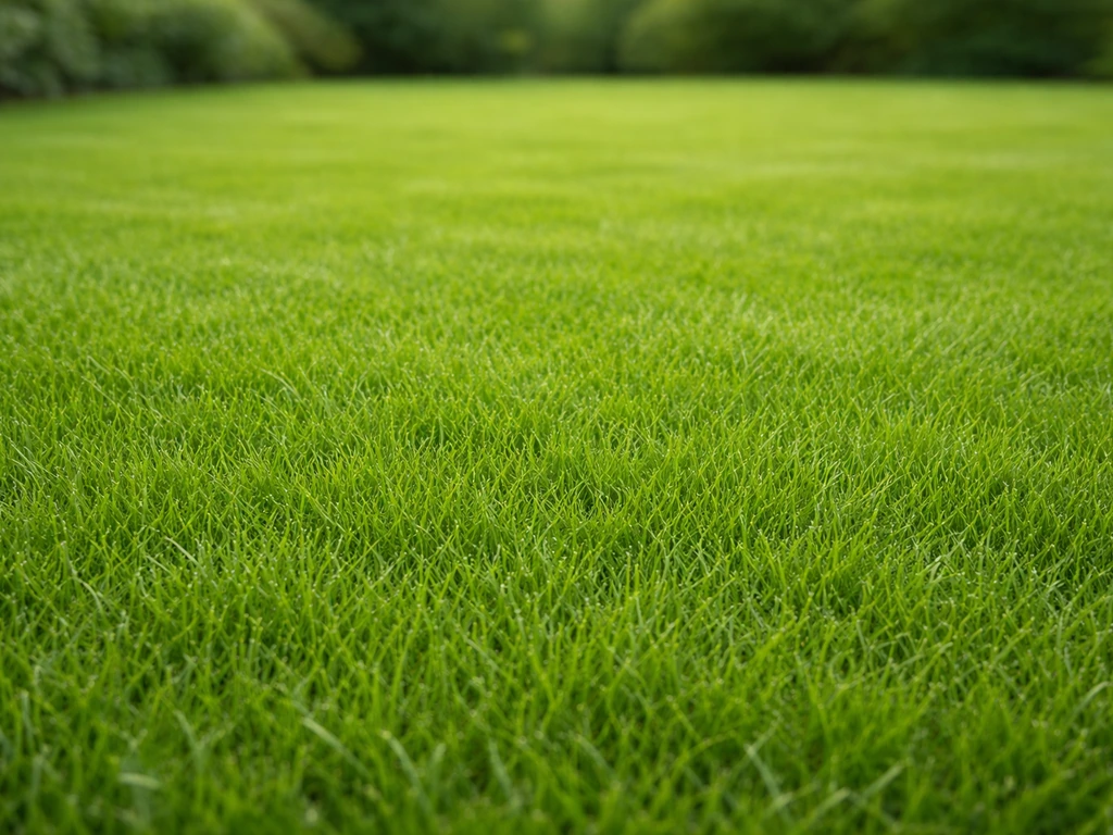 Overzicht van een strak, diepgroen gazon met gezonde graspolletjes en zacht natuurlijk licht.