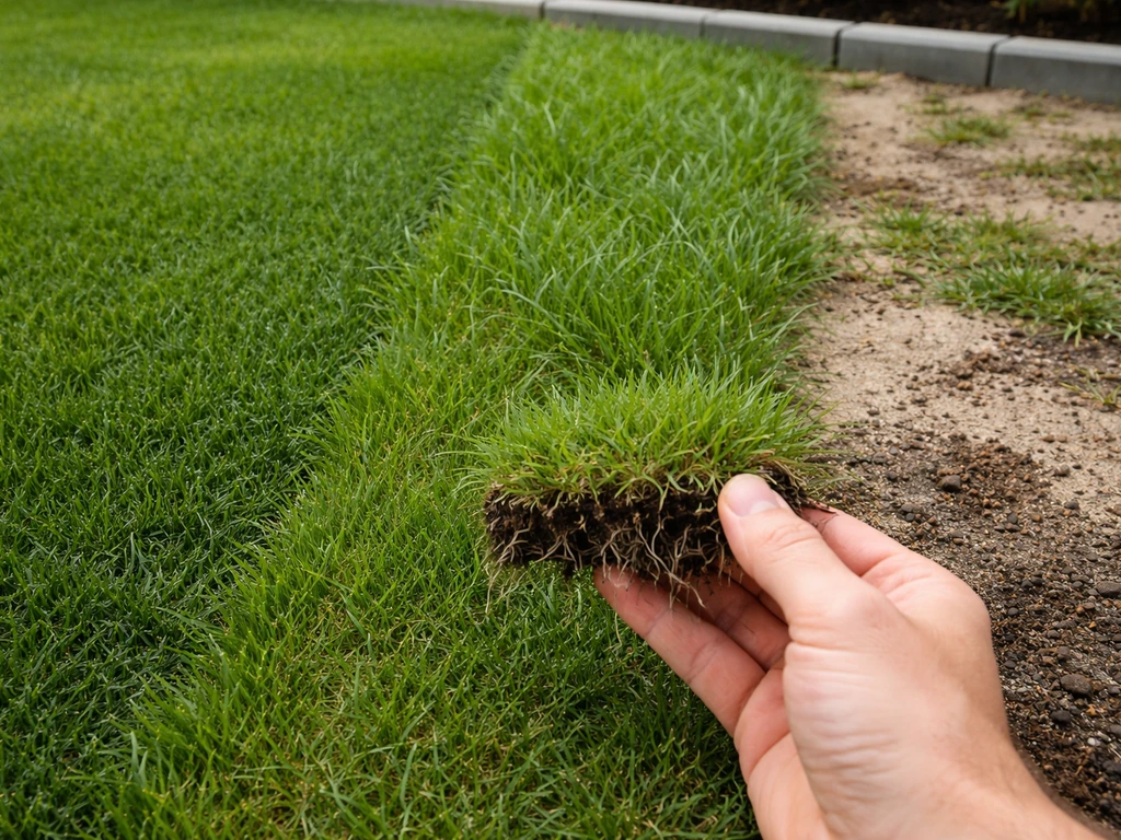 Close-up van verschillende grassoorten en bodemtexturen in een gazon, met een hand die een spriet aarde oplicht.