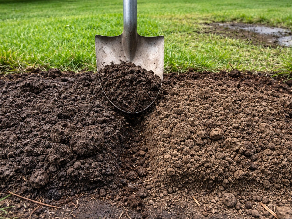 Twee soorten grond naast elkaar in een tuin: verdichte bodem versus luchtige bodem en zichtbare afwatering in het gazon.