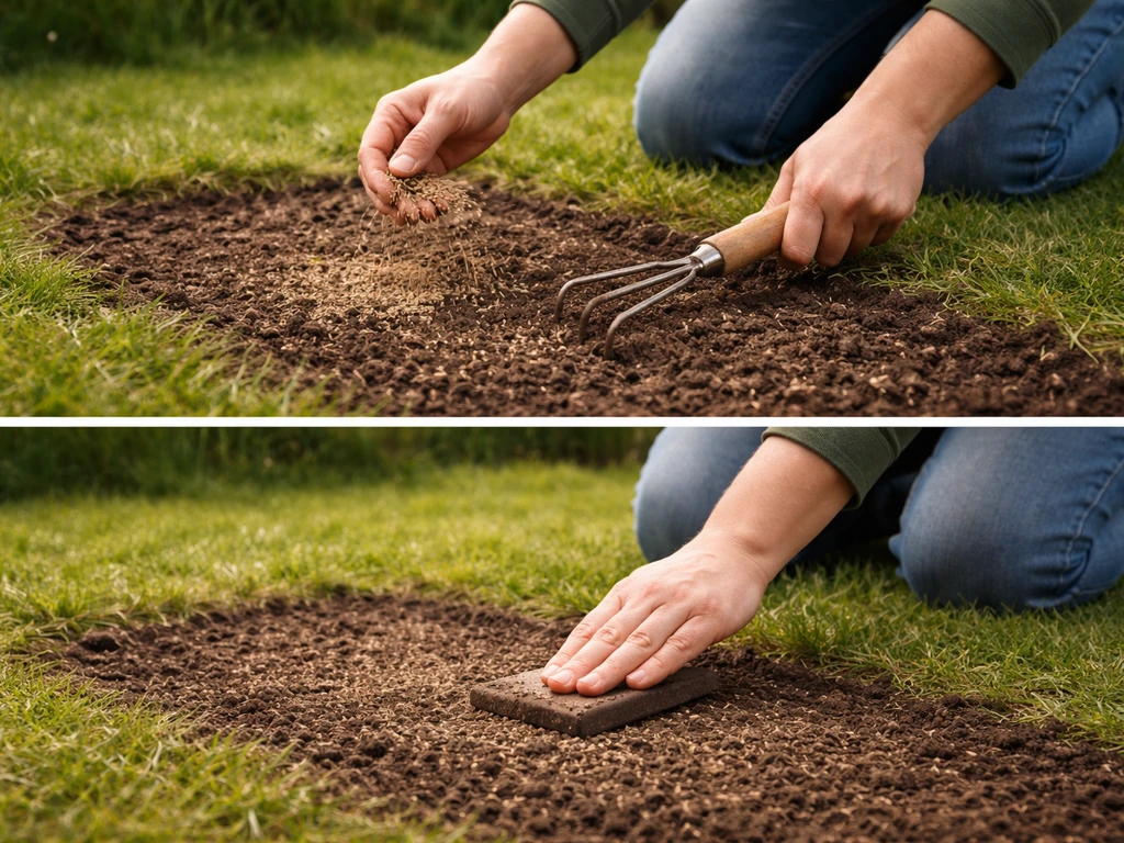 Tuinier die kale plek losharkt, graszaad uitstrooit en de grond licht aandrukt, in een voor- of achtertuin.