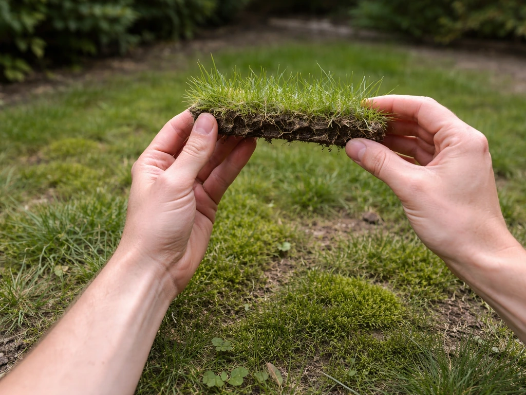 Hand inspecteert een klein grasstuk met mos, kale plekjes en onkruid in een rustige tuin
