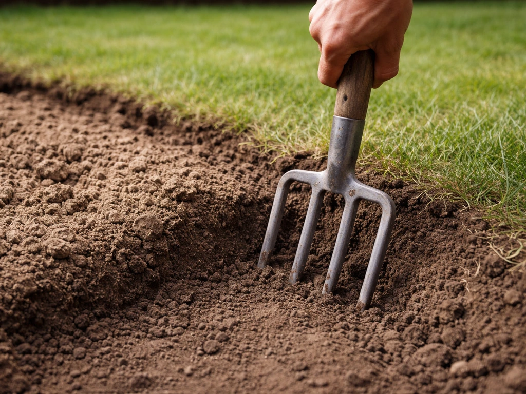 Vork in verdichte tuinbodem naast losgemaakte grond bij een gazon, met harde weerstand en compacte aarde.