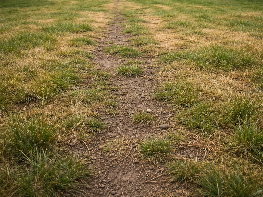 Bruin-geel gazon met kale plekken en dun gras, close-up van achteruitgang en herstelbehoefte.