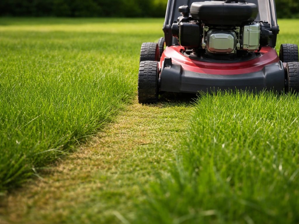 Gazon met grasmaaier op juiste maaistand; gras rond 5–6 cm en zichtbaar gezond gemaaid.